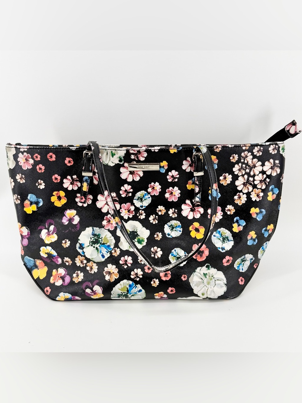 Nine West Large Black Floral Tote Bag Handbag Multicolor Flower Shoulder Purse